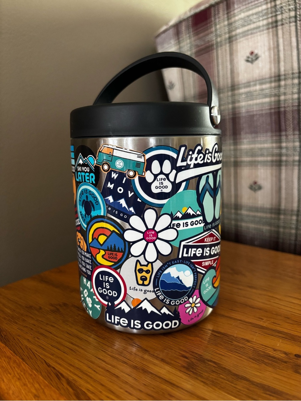 Life Is Good Multicolor Stickered Steel Canister with Black Lid and Handle